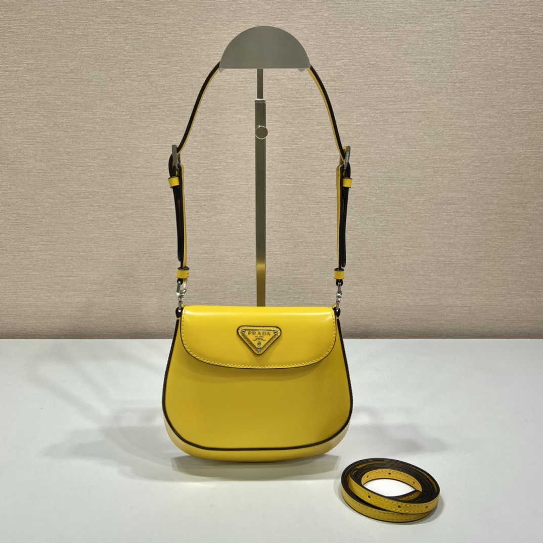 Prada Cleo Brushed Leather Shoulder Bag With Flap Lemon Yellow 1BH188